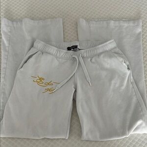 Ed Hardy White Track Joggers with Gold Script
